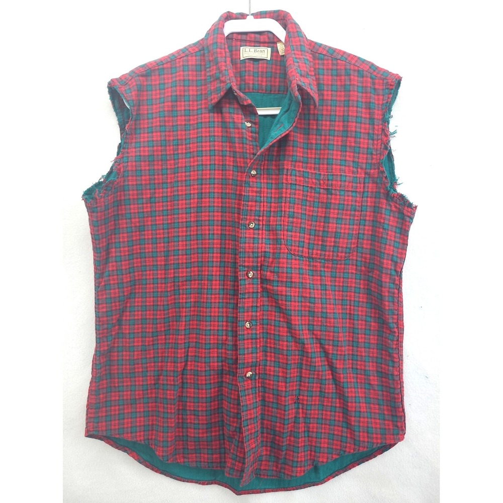 Vtg LL Bean Red Green Lined Flannel Shirt Cutoff Sleeves Vest w Frayed Armhole L